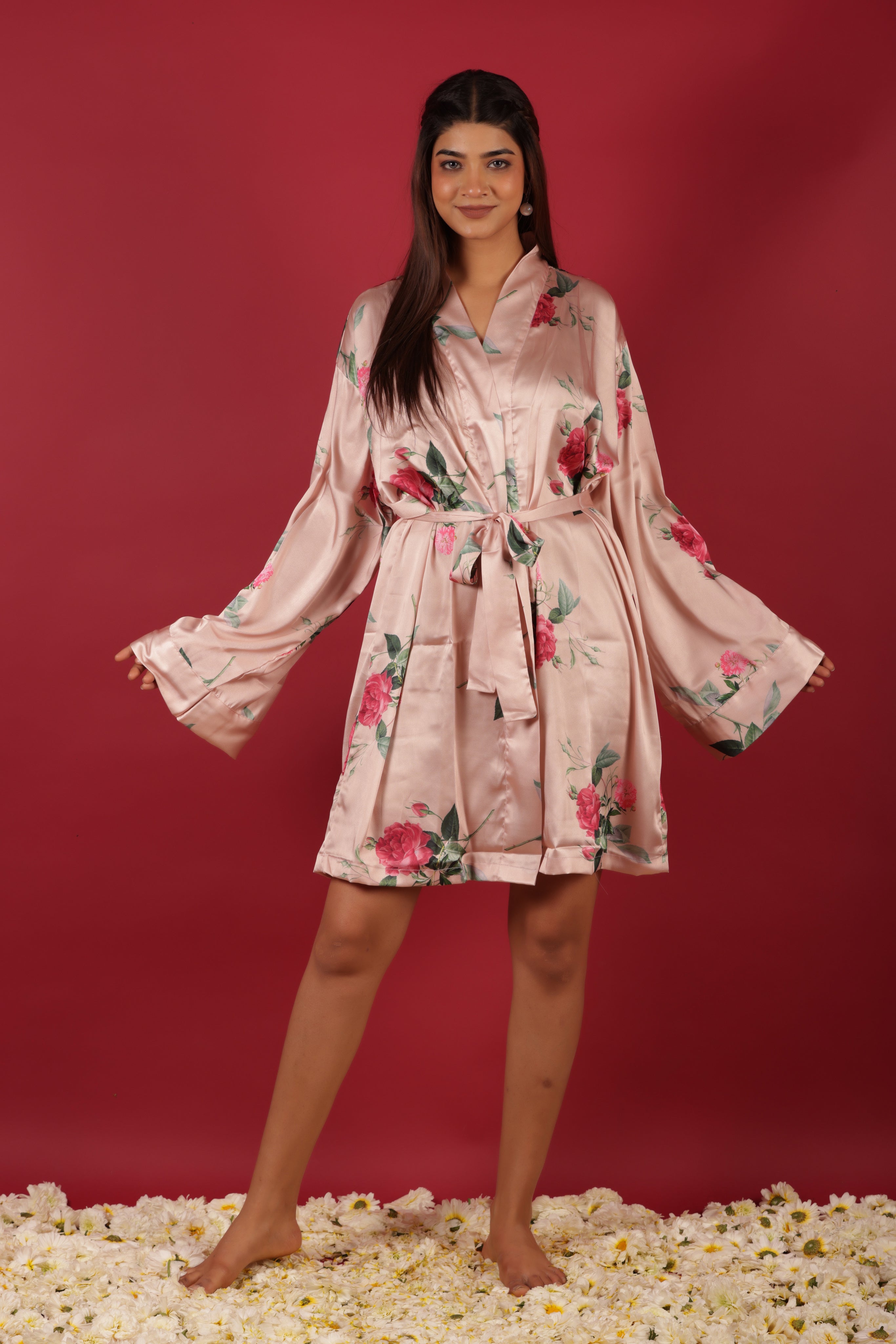 Bridal Party Probe Floral Printed Peach Bathrobe